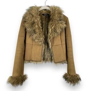 Vintage Express Faux Suede Fur Trim Jacket Penny Coat Tan Brown Cropped Size 2